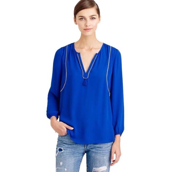 J.Crew Blue Tassel-trim Blouse - Picture 1 of 10